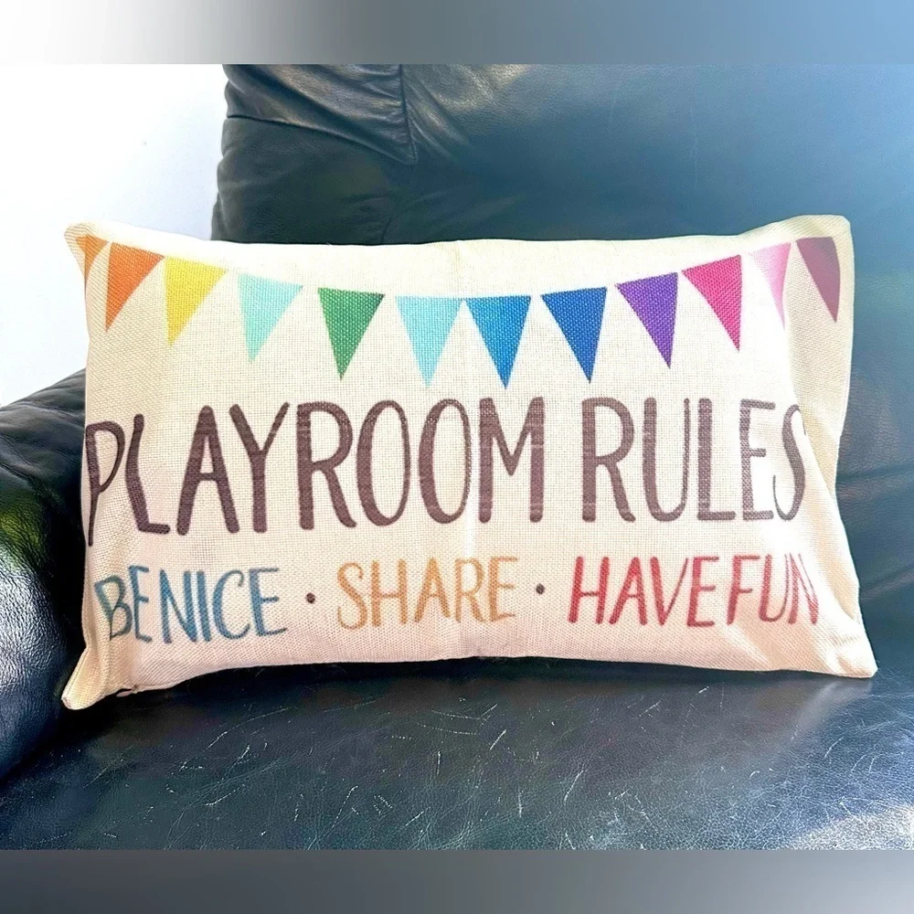 Playroom Rules Decorative Throw Pillow Case Cover Cotton Linen Rainbow Flag NEW